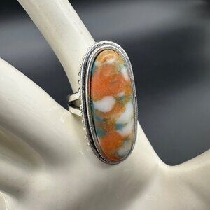 Boho Ring Southwest Festival Orange Silver Toned Oval Shape Western Size 6.75